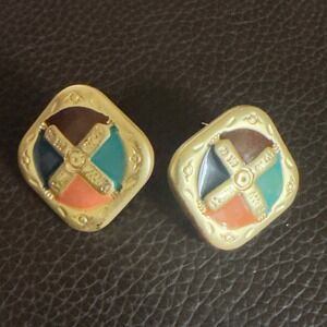 Vintage Gold Tone Multi Color Enamel Square Stud Earrings Retro Geometric Design